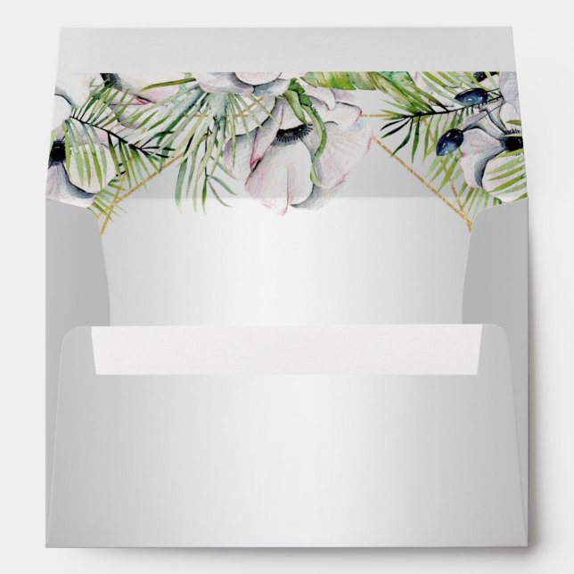 Silver White Anemone Gold Geometric Wedding Envelope (Back (Bottom))