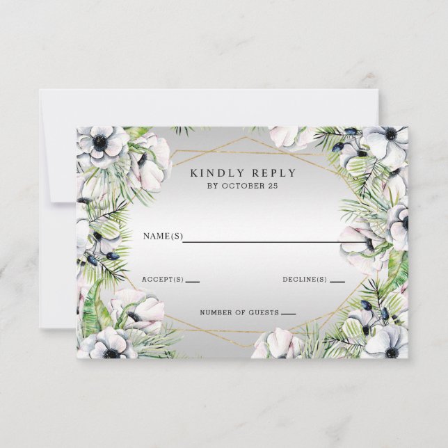 Silver White Anemone Gold Geometric Wedding RSVP Card (Front)