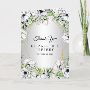 Silver White Anemone Gold Geometric Wedding Thank You Card