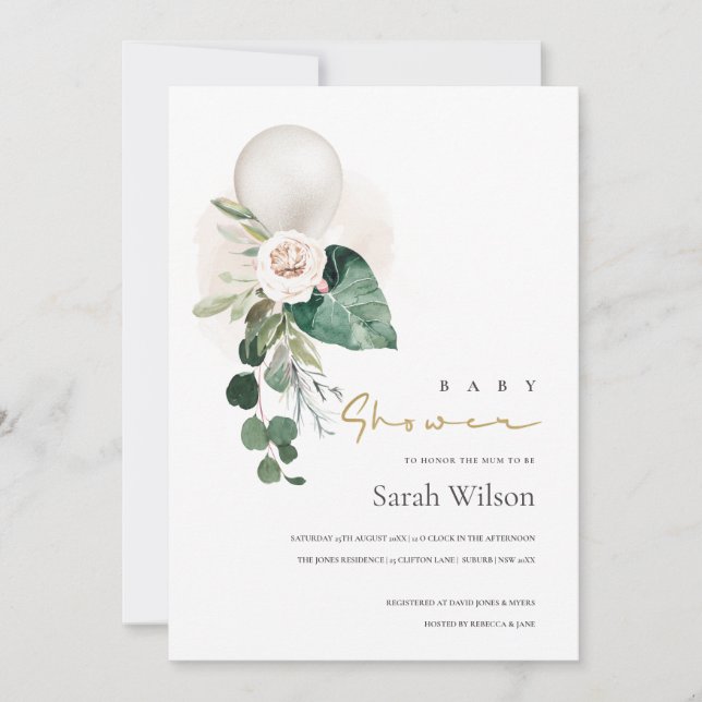 SILVER WHITE BALLOON FLORAL BABY SHOWER INVITE (Front)