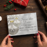 Silver & White Bauble Xmas Party | Save the Date Invitation Postcard<br><div class="desc">Elegant Christmas party save the date postcard,  featuring a silver and white seasonal background,  two christmas baubles with ribbons and a template that is easy to personalise.</div>