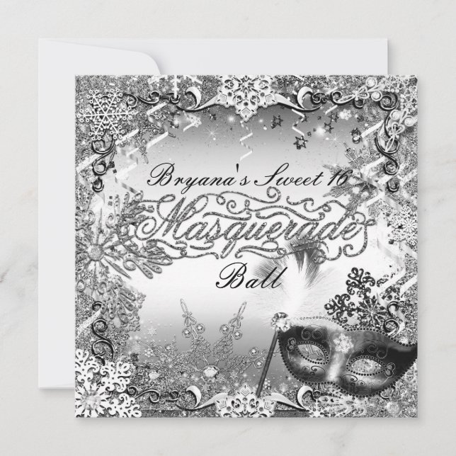 Silver White Black Masquerade & Winter Snowflakes Invitation (Front)