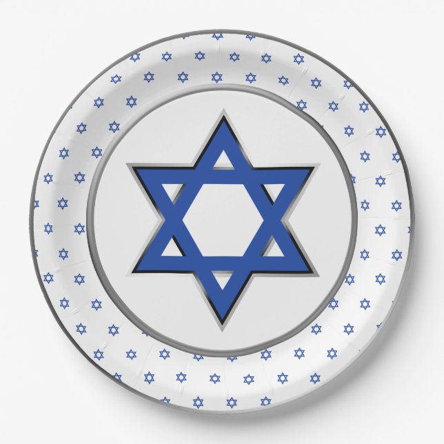 Silver White Blue Star of David Pesach Passover Paper Plate (Front)