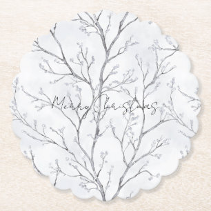 Silver White Christmas Winter Trees Paper Coaster