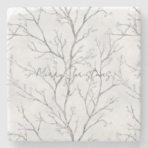 Silver White Christmas Winter Trees Stone Coaster