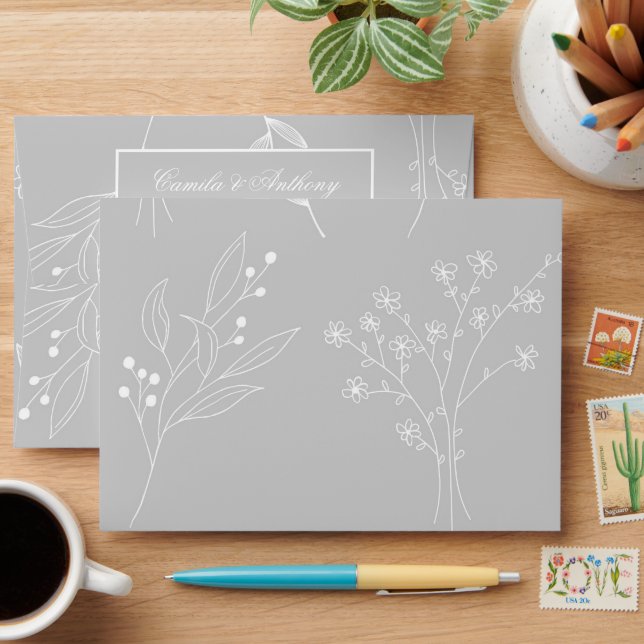 Silver White Corner Floral Boho Wedding Envelope (Desk)