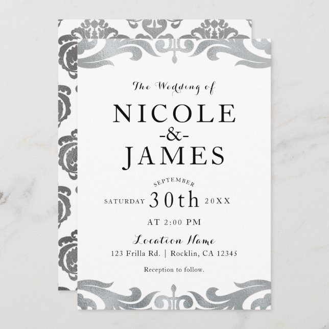 Silver & White Damask Chic Elegant Minimal Wedding Invitation (Front/Back)