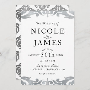 Silver & White Damask Chic Elegant Minimal Wedding Invitation
