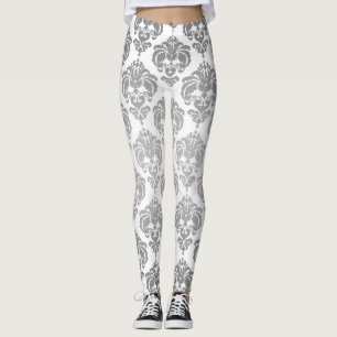 Silver & White Damask Chic Modern Elegant Pattern Leggings