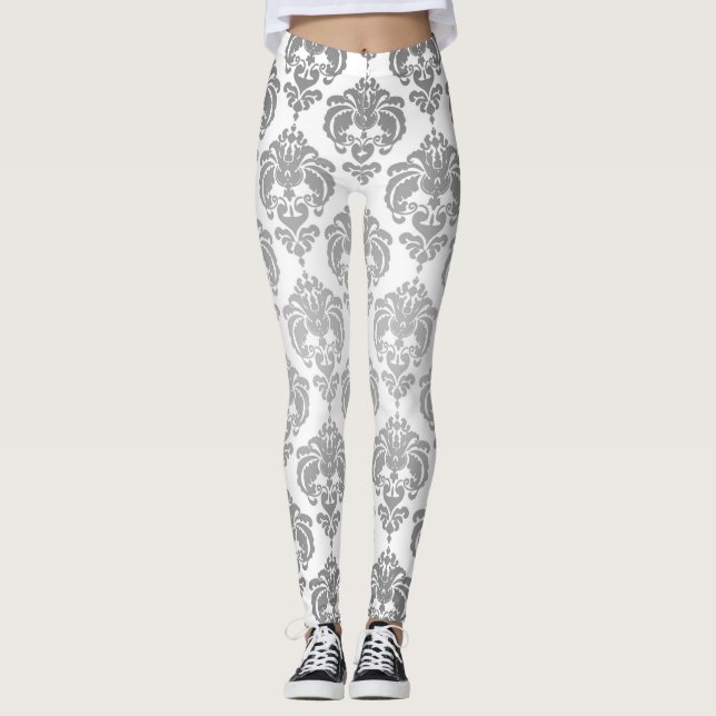 Silver & White Damask Chic Modern Elegant Pattern Leggings (Front)