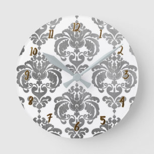 Silver & White Damask Glam Modern Personalised Round Clock