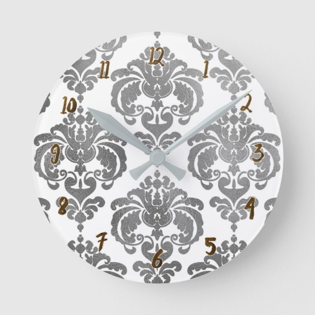 Silver & White Damask Glam Modern Personalised Round Clock (Front)