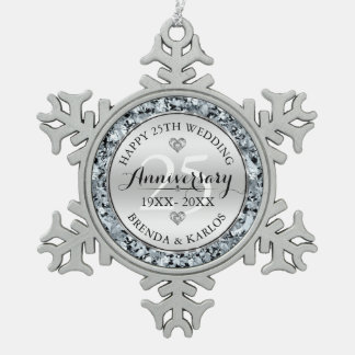 Silver & white diamonds 25th wedding Anniversary Snowflake Pewter Christmas Ornament