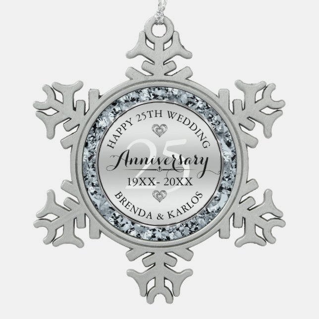 Silver & white diamonds 25th wedding Anniversary Snowflake Pewter Christmas Ornament (Front)