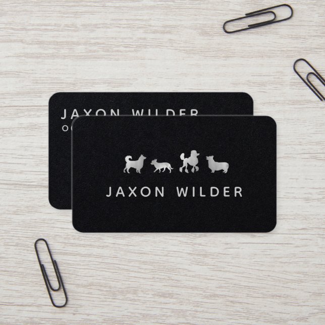 Silver White Dog Silhouette Cloud Minimal Business Card (Front/Back In Situ)