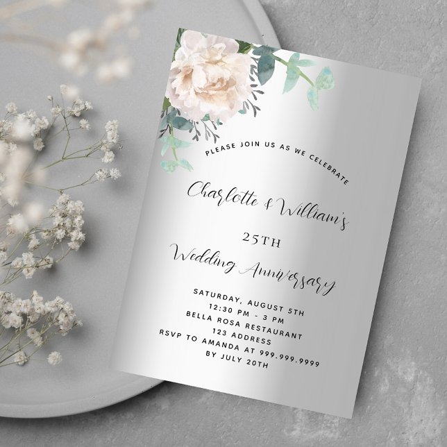 Silver white floral 25th wedding anniversary invitation (Creator Uploaded)