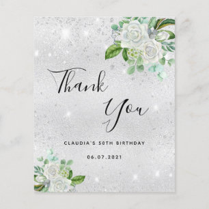 Silver white floral birthday thank you card