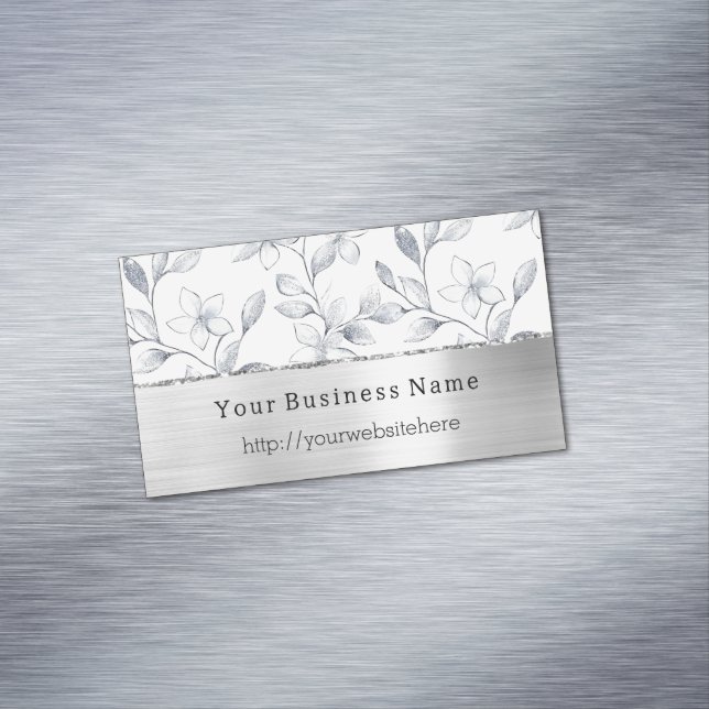 Silver White Floral Business name website Magnetic Business Card (In Situ)