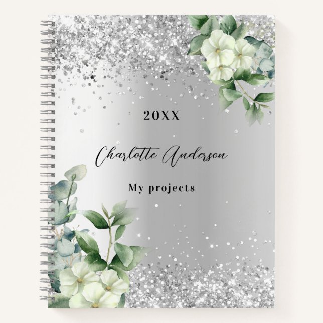Silver white floral eucalyptus elegant  notebook (Front)