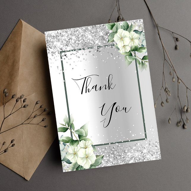 Silver white floral glitter elegant glamourous thank you card (Creator Uploaded)