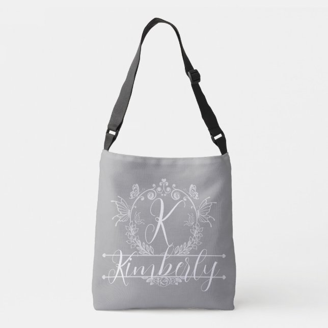 "Silver & White Floral Pattern" Custom Monogram  Crossbody Bag (Back)