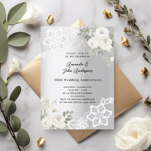 Silver white florals 10th wedding anniversary invitation
