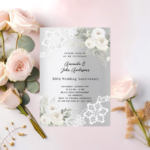 Silver white florals 60th wedding anniversary invitation