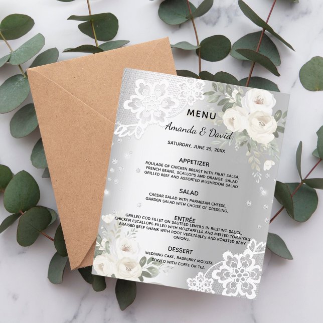 Silver white florals diamond wedding menu (Creator Uploaded)