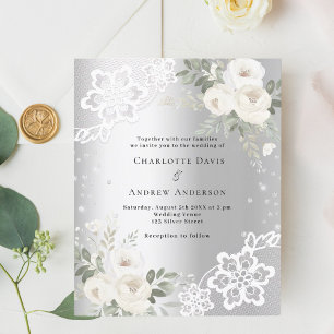 Silver white florals diamonds wedding invitation