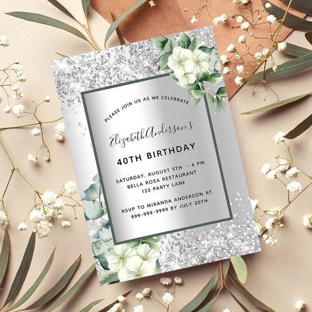 Silver white florals eucalyptus birthday luxury invitation (Creator Uploaded)