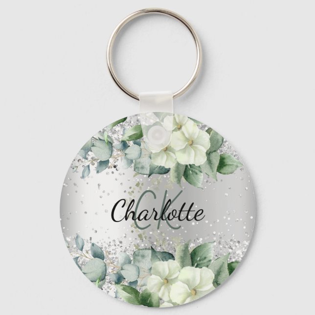 Silver white florals eucalyptus greenery name key ring (Front)