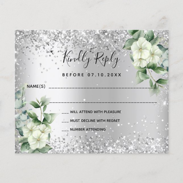 Silver white florals eucalyptus wedding RSVP card (Front)