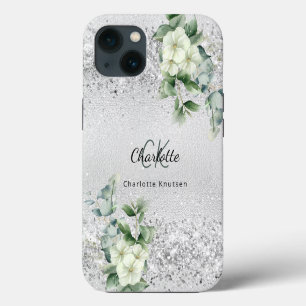 Silver white florals euclayptus monogram name iPhone 13 case