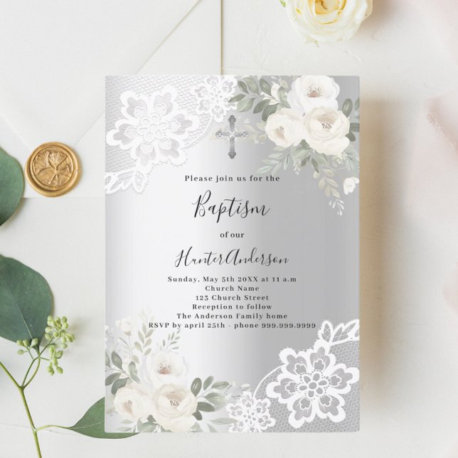 Silver white florals lace Baptism Invitation (Creator Uploaded)