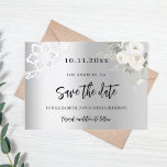 Silver white florals lace birthday save the date<br><div class="desc">A modern and elegant Save the Date for a 50th birthday party.   A faux silver looking background,  decorated with white flowers and white lace. Personalise and add a date and name. The text: Save the Date is written with a large trendy hand lettered style script.</div>