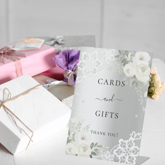 Silver white florals lace cards gifts sign (Creator Uploaded)
