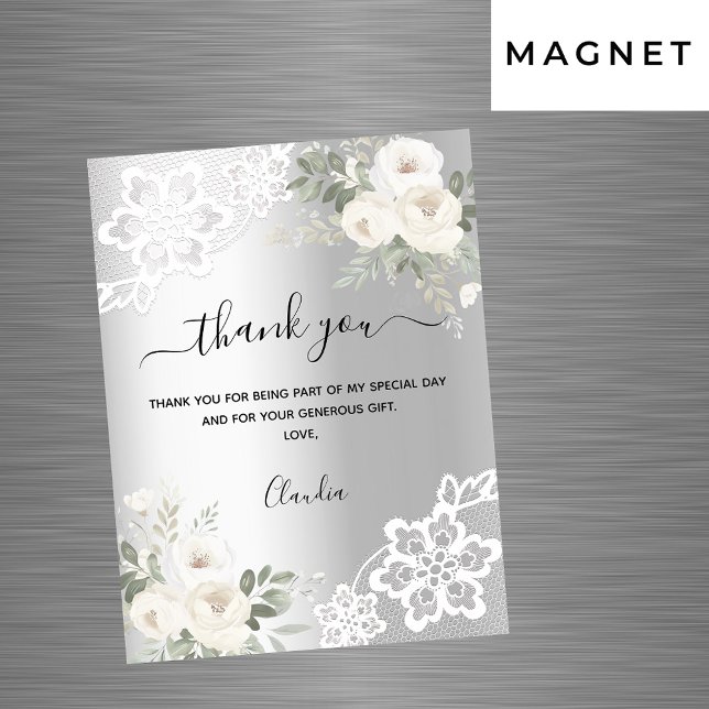 Silver white florals lace thank you card magnet (Creator Uploaded)