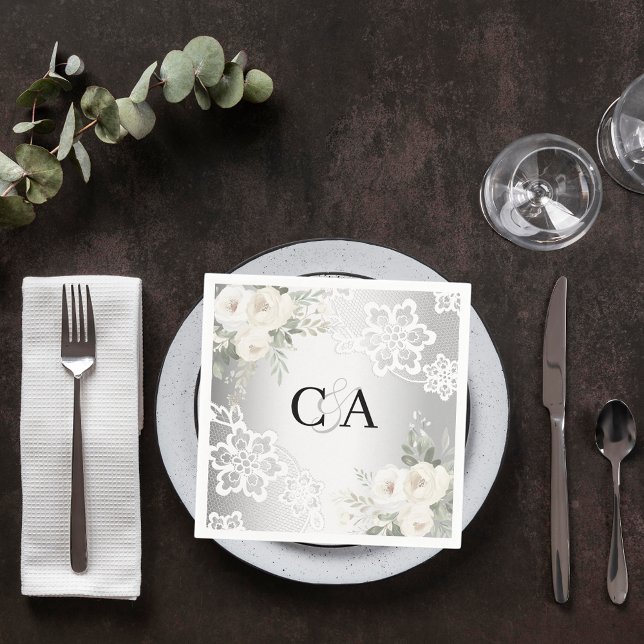 Silver white florals monogram wedding napkin (Creator Uploaded)