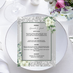 Silver white florals wedding menu card