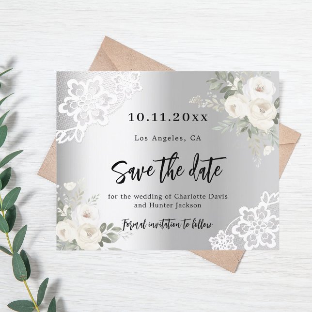 Silver white florals wedding Save the Date card (Creator Uploaded)