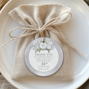 Silver White Flowers 25th Wedding Anniversary Favour Tags