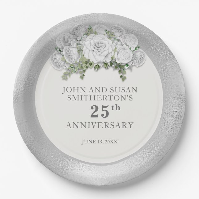 Silver White Flowers 25th Wedding Anniversary Paper Plate (Front)