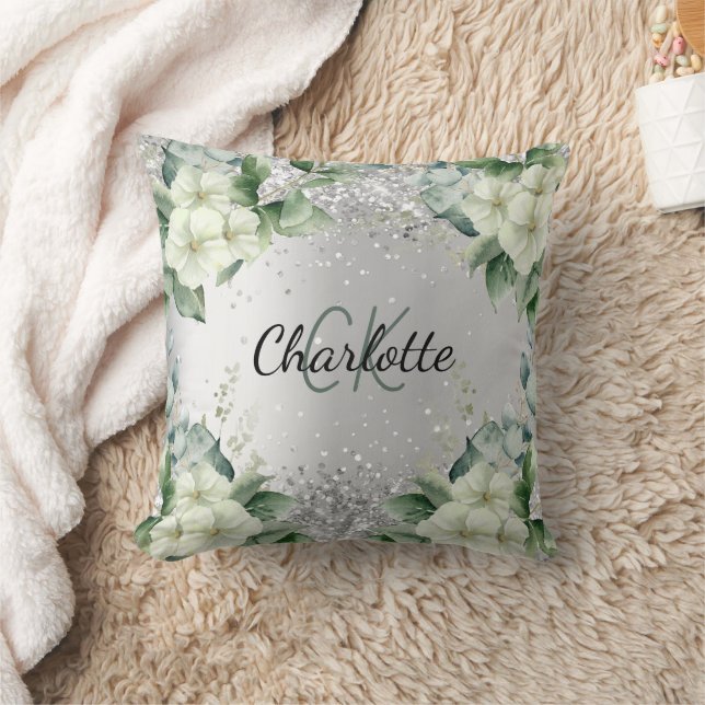 Silver white flowers elegant monogram name cushion (Blanket)