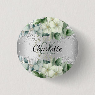 Silver white flowers eucalyptus greenery name tag 3 cm round badge