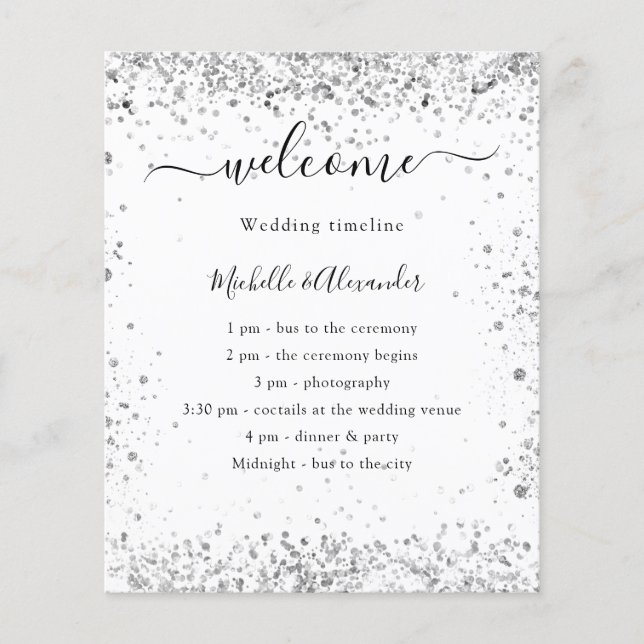 Silver white glitter budget wedding program flyer (Front)
