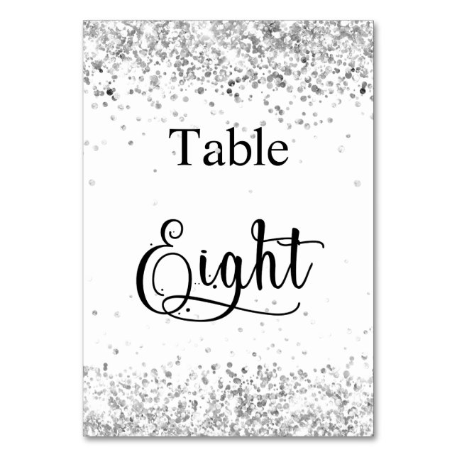 Silver white glitter calligraphy table eight 8 number (Front)