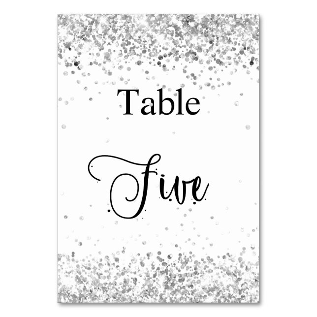 Silver white glitter calligraphy table five 5 table number (Front)