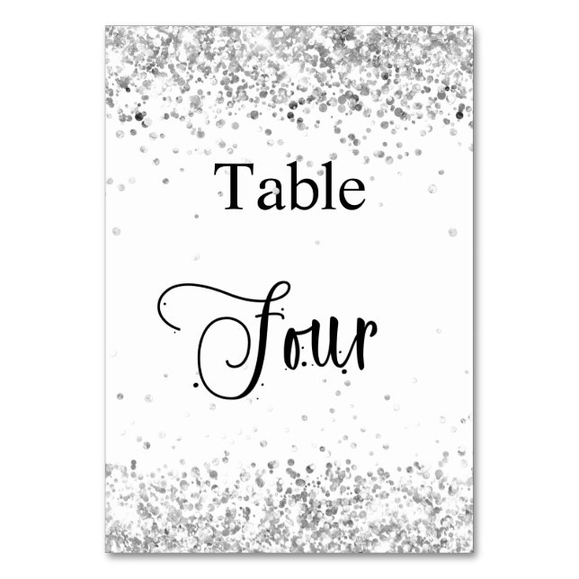 Silver white glitter calligraphy table four 4 table number (Front)