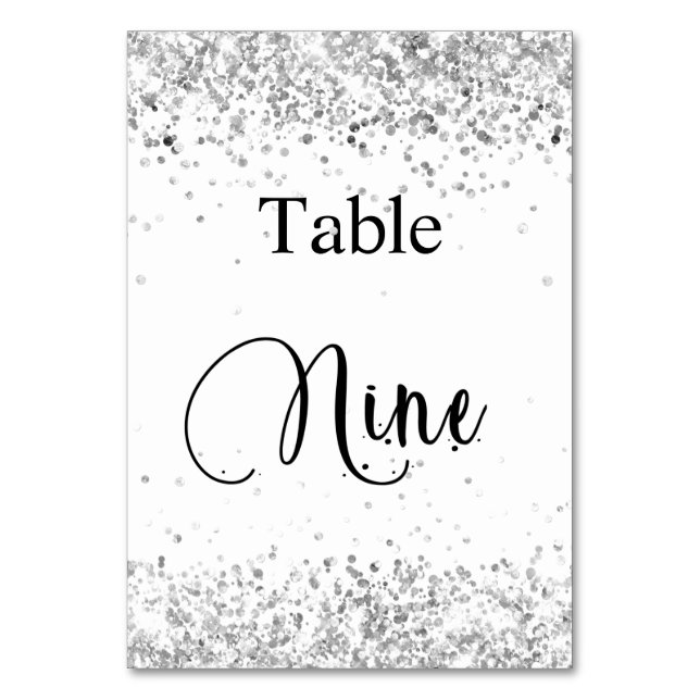 Silver white glitter calligraphy table nine 9 table number (Front)