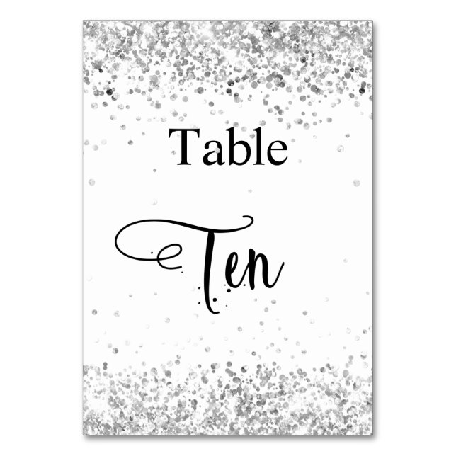 Silver white glitter calligraphy table ten 10 table number (Front)